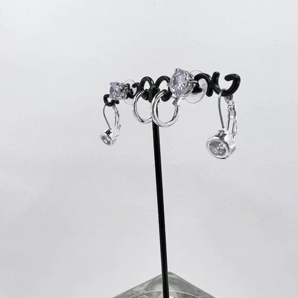 3 Pairs Shiny Silver Tone Post, Hinged Hoop, and Leaver Back Earrings - Picture 3 of 5